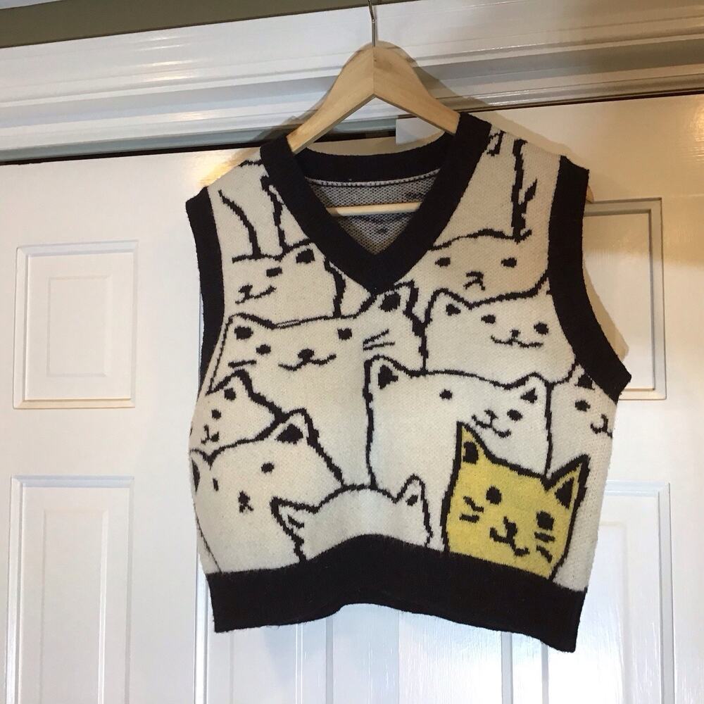 Cider Women Black White Cat Print Sweater Vest V-Neck Sz XL Twee Girlhood Preppy
